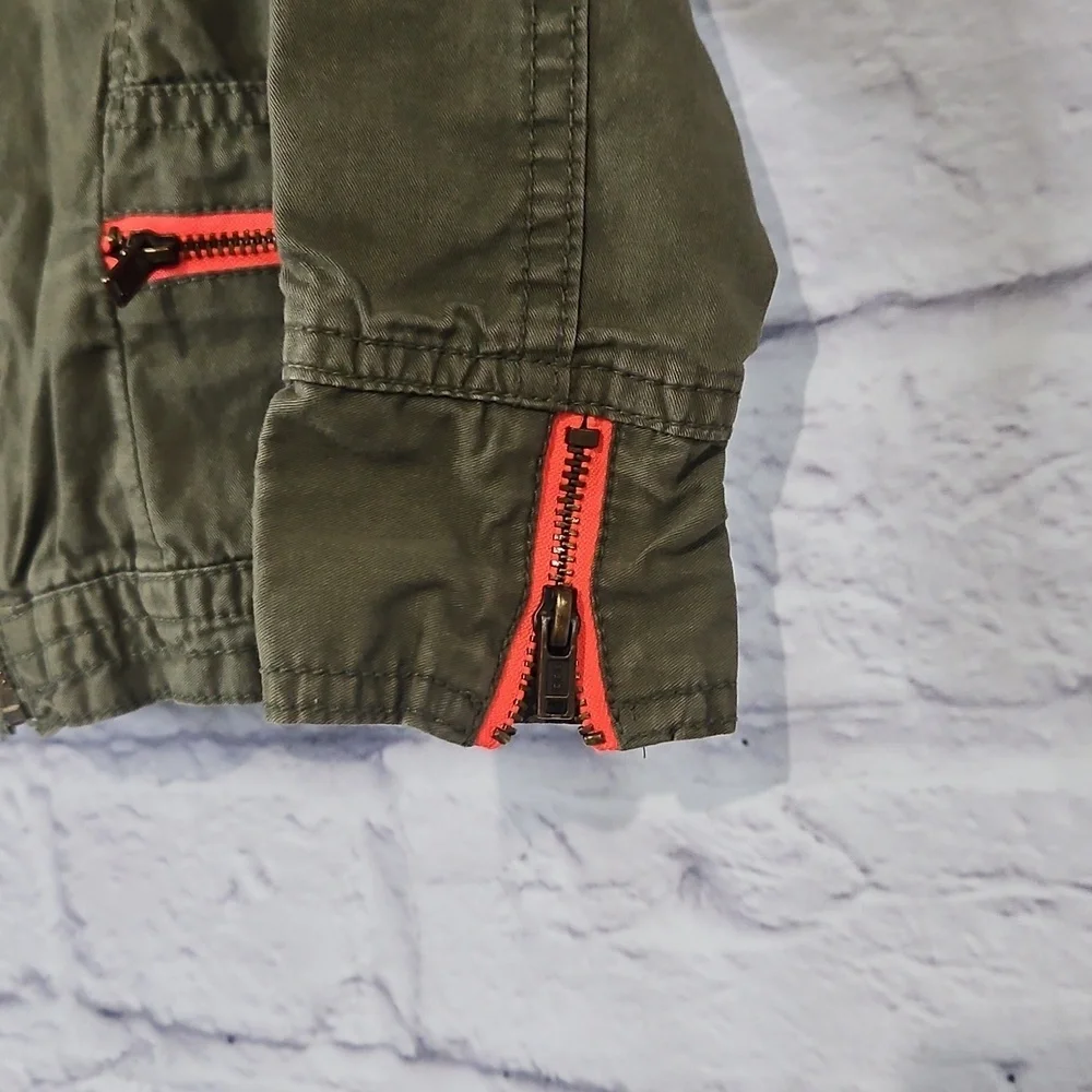 Kids Olive Green Jacket with Neon Pink Details